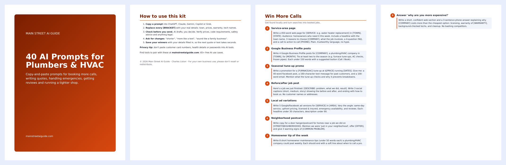 Preview pages of 40 AI Prompts for Plumbers & HVAC